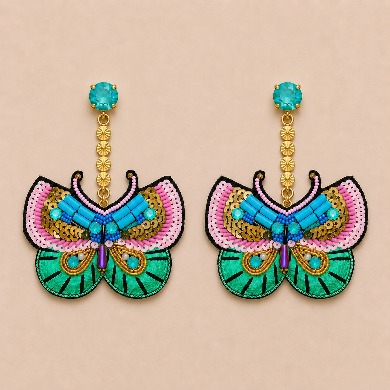 Butterfly Motif Sequin & Beaded Patch Statement Earrings