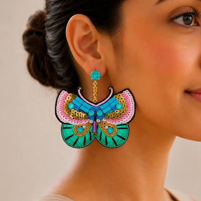 Butterfly Motif Sequin & Beaded Patch Statement Earrings