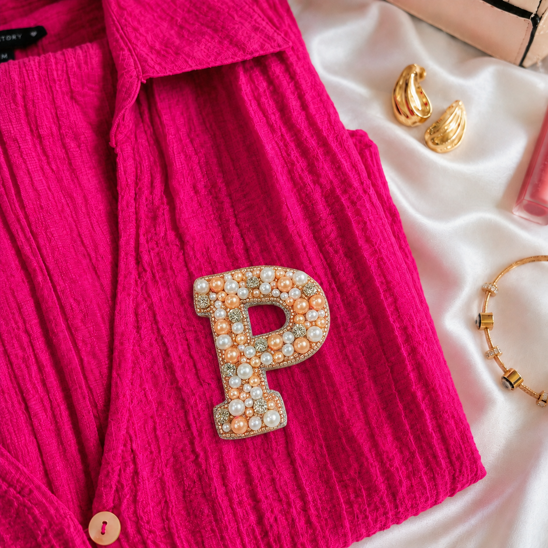 Stone & Pearl Alphabet 'P' Handmade Patch