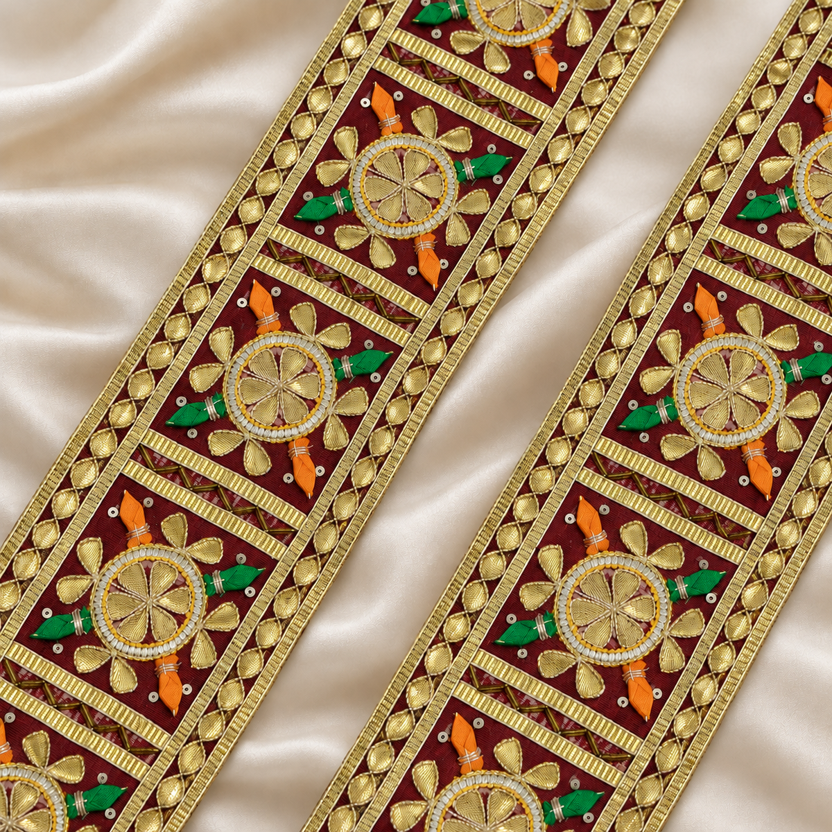 Wide Floral Medallion Embroidered Lace Border with Tassel & Sequin Detailing