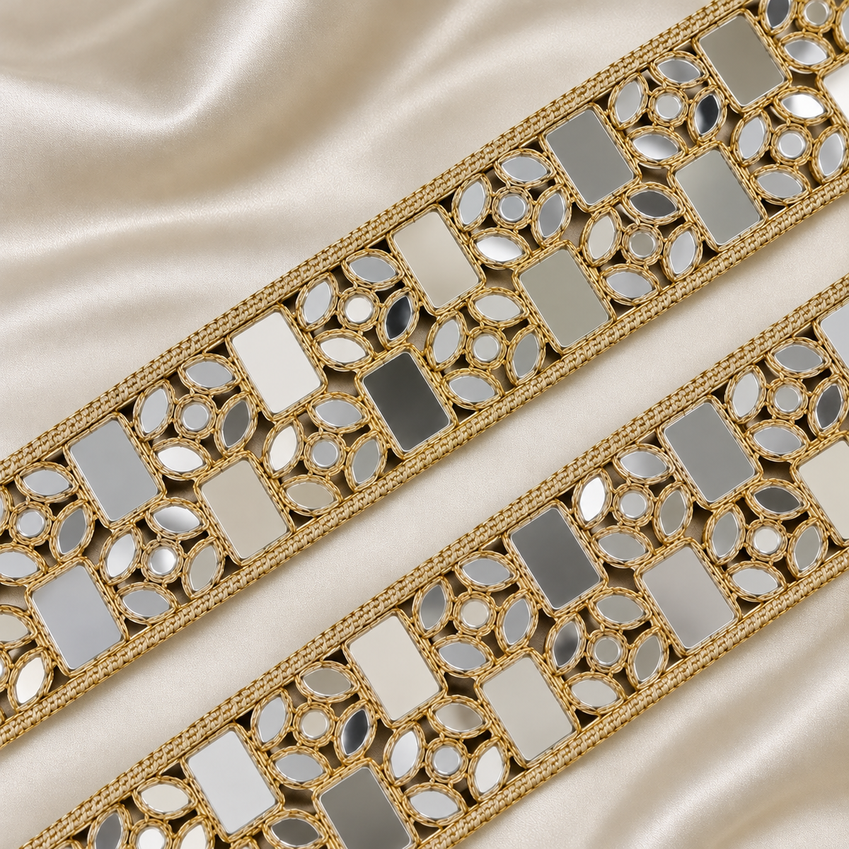 Floral Geometric Mirror Work Embroidered Lace Border