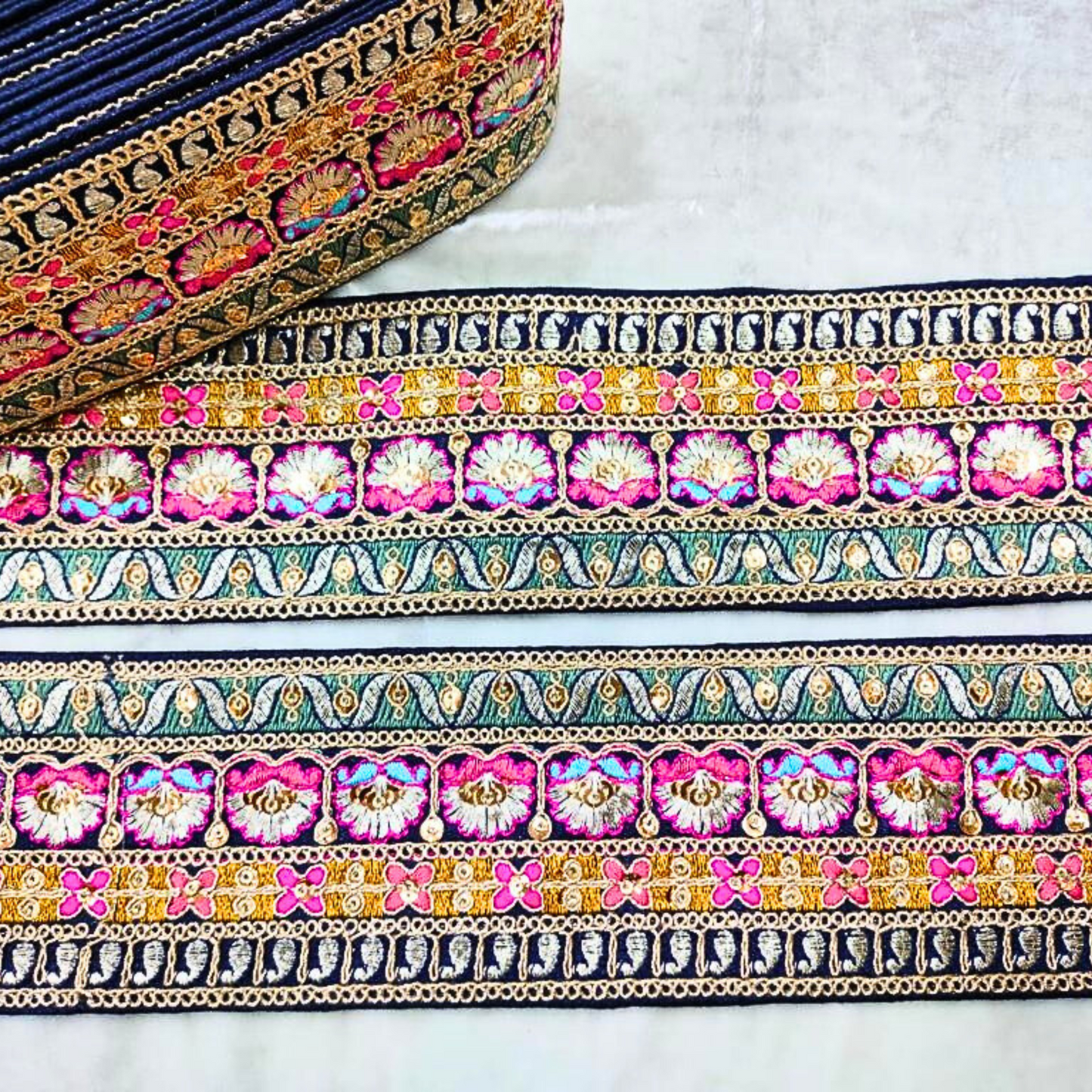 Navy Blue Multicolor Embroidery Work Lace and Trim