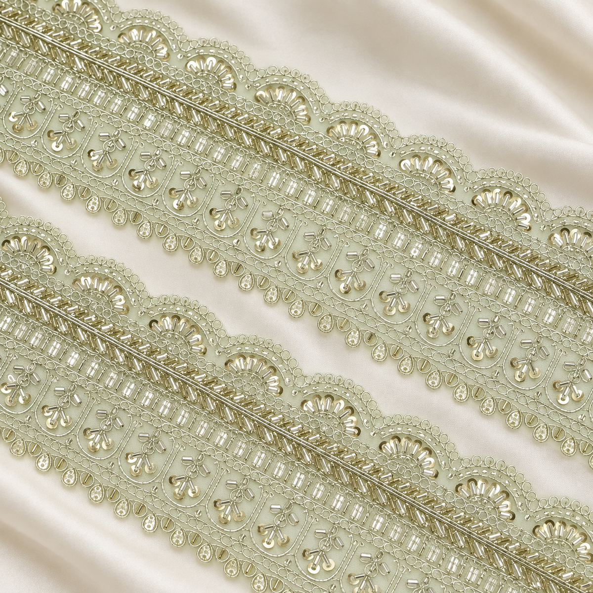 Scalloped Floral Bugle Bead and Sequin Embroidered Wide Lace Border