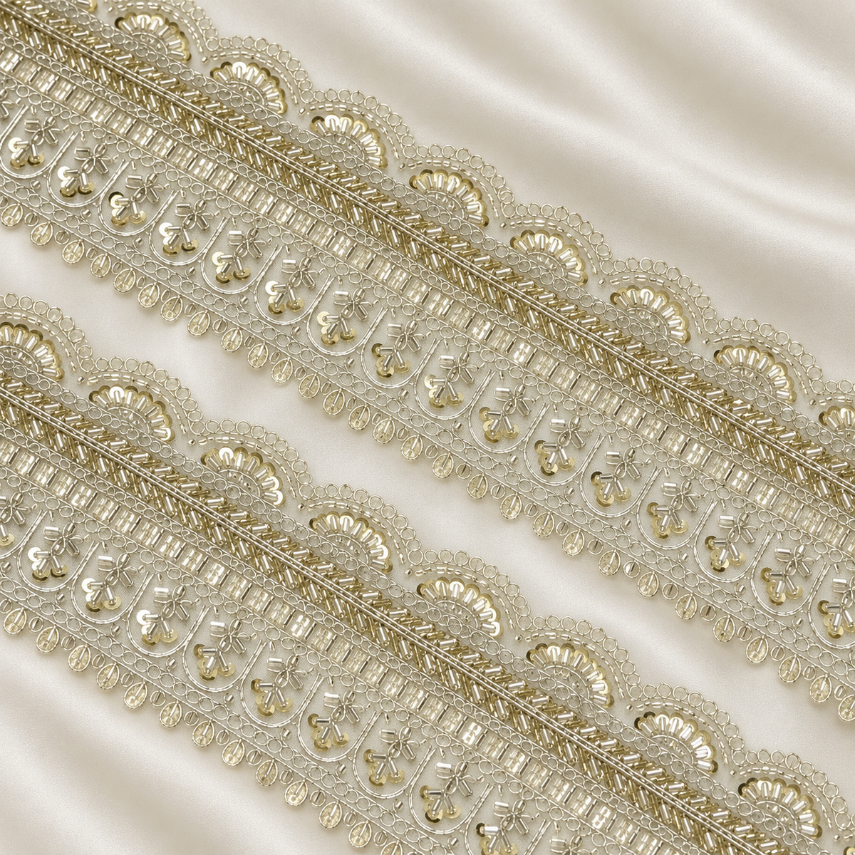 Scalloped Floral Bugle Bead and Sequin Embroidered Wide Lace Border
