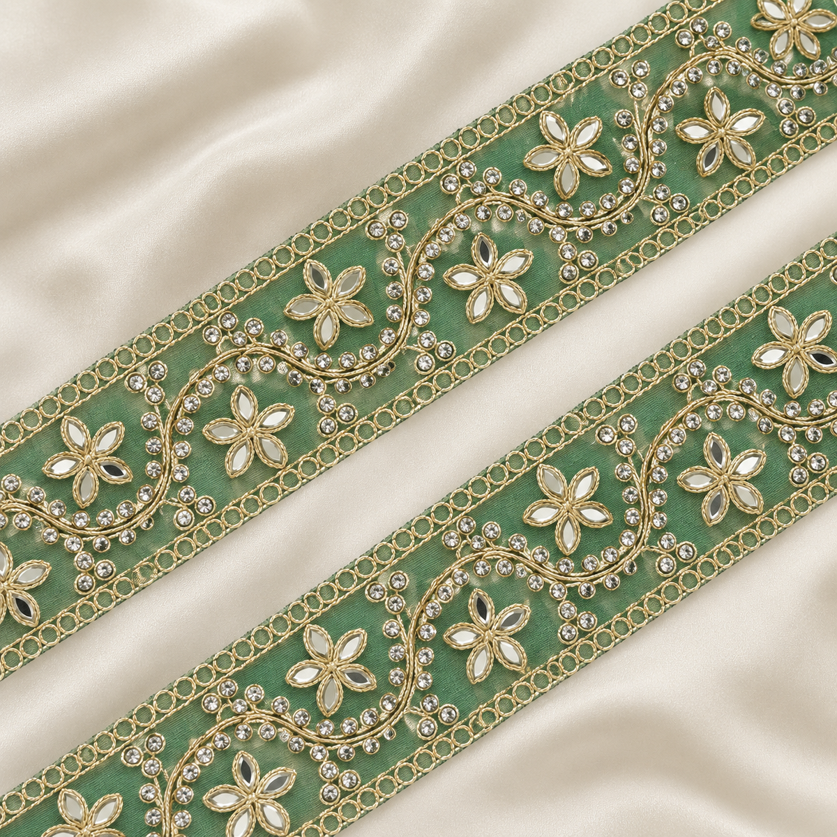 Floral Mirror and Rhinestone Vine Embroidered Lace
