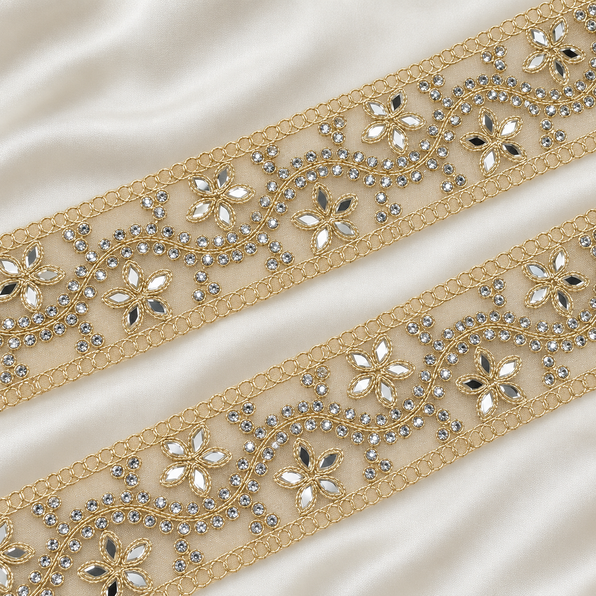 Floral Mirror and Rhinestone Vine Embroidered Lace