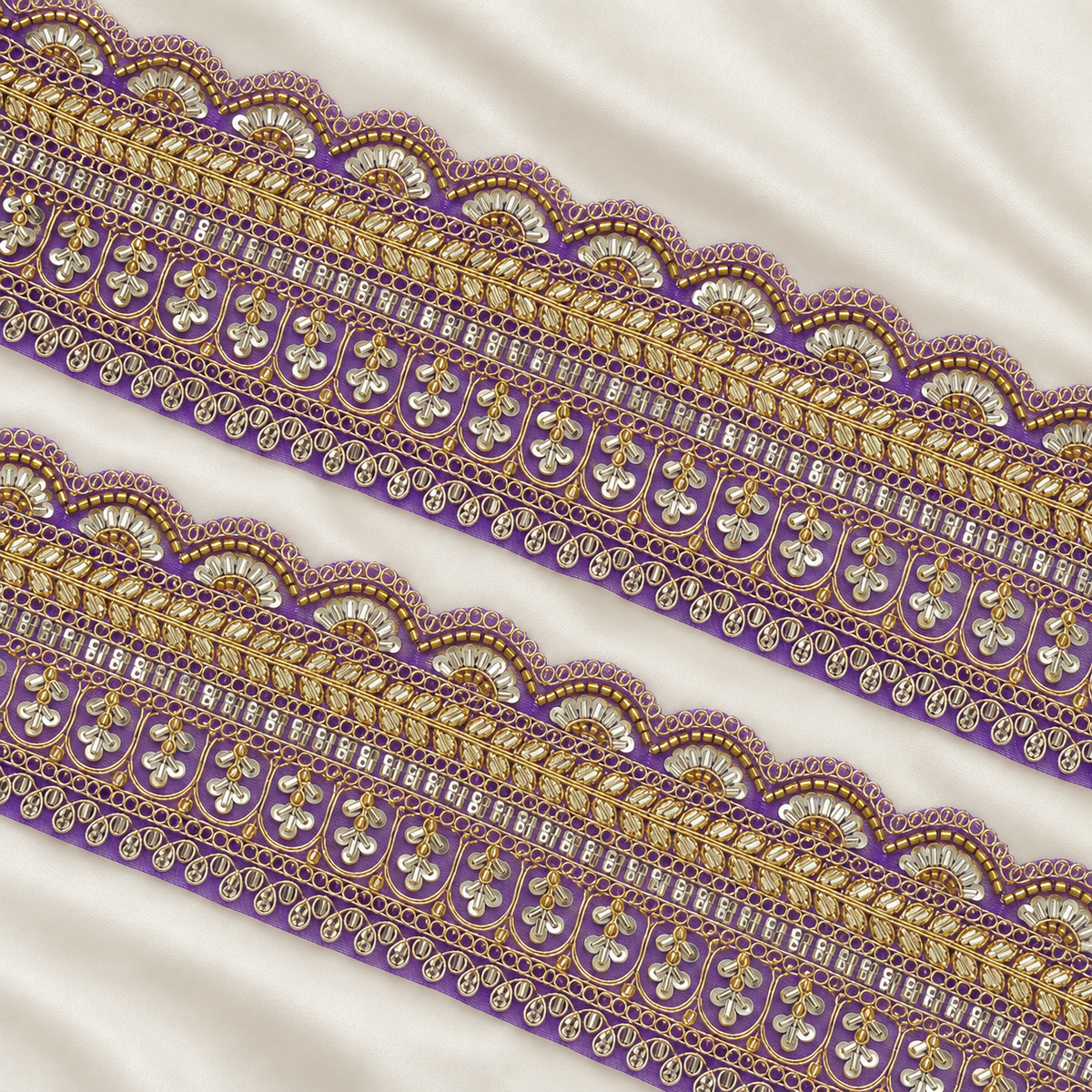 Scalloped Floral Bugle Bead and Sequin Embroidered Wide Lace Border