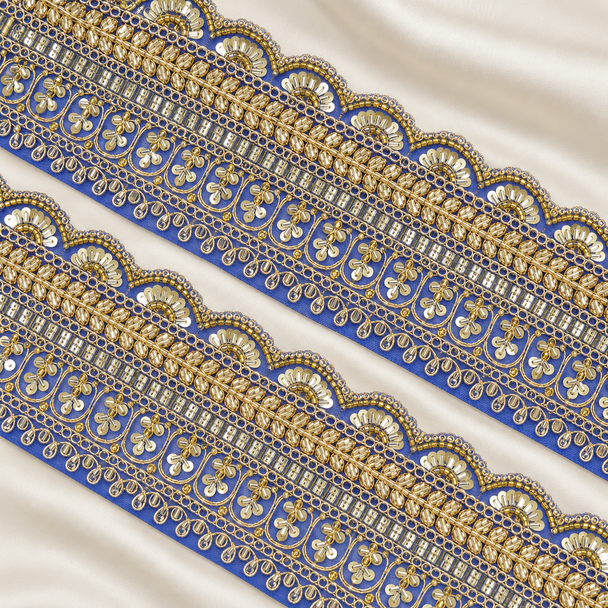 Scalloped Floral Bugle Bead and Sequin Embroidered Wide Lace Border