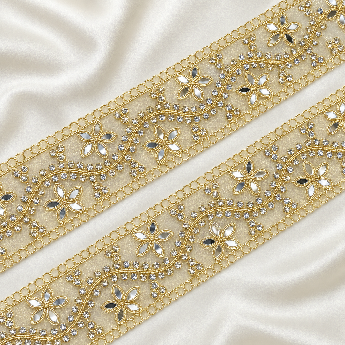 Floral Mirror and Rhinestone Vine Embroidered Lace