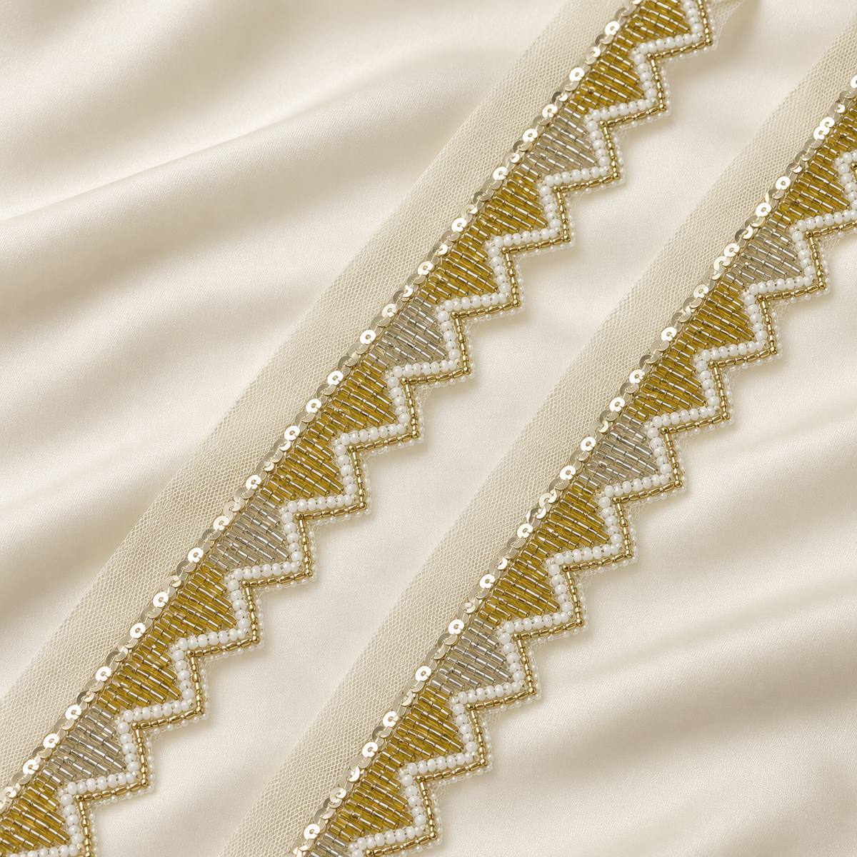 Geometric Zigzag Beaded and Sequin Embroidered Lace