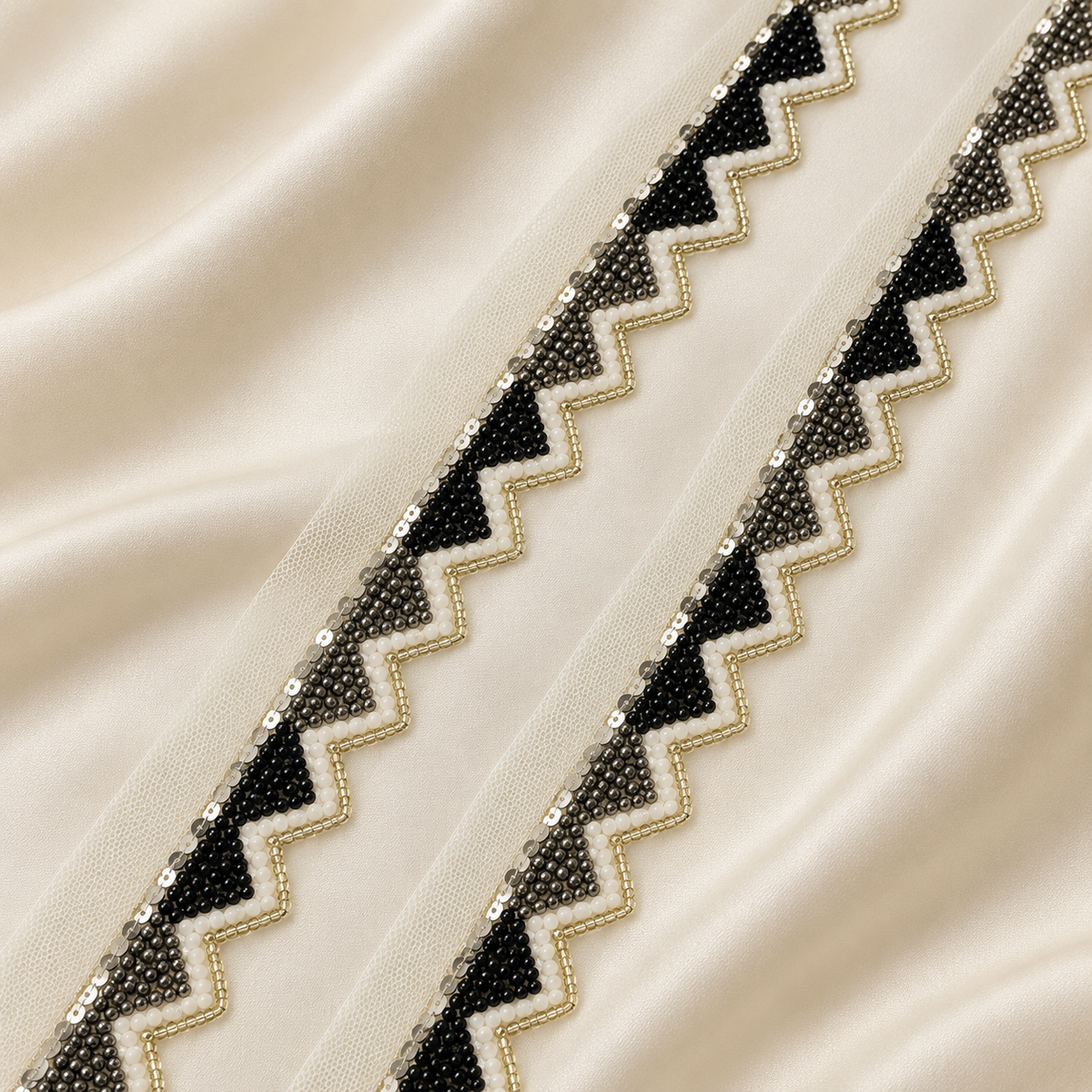 Geometric Zigzag Beaded and Sequin Embroidered Lace