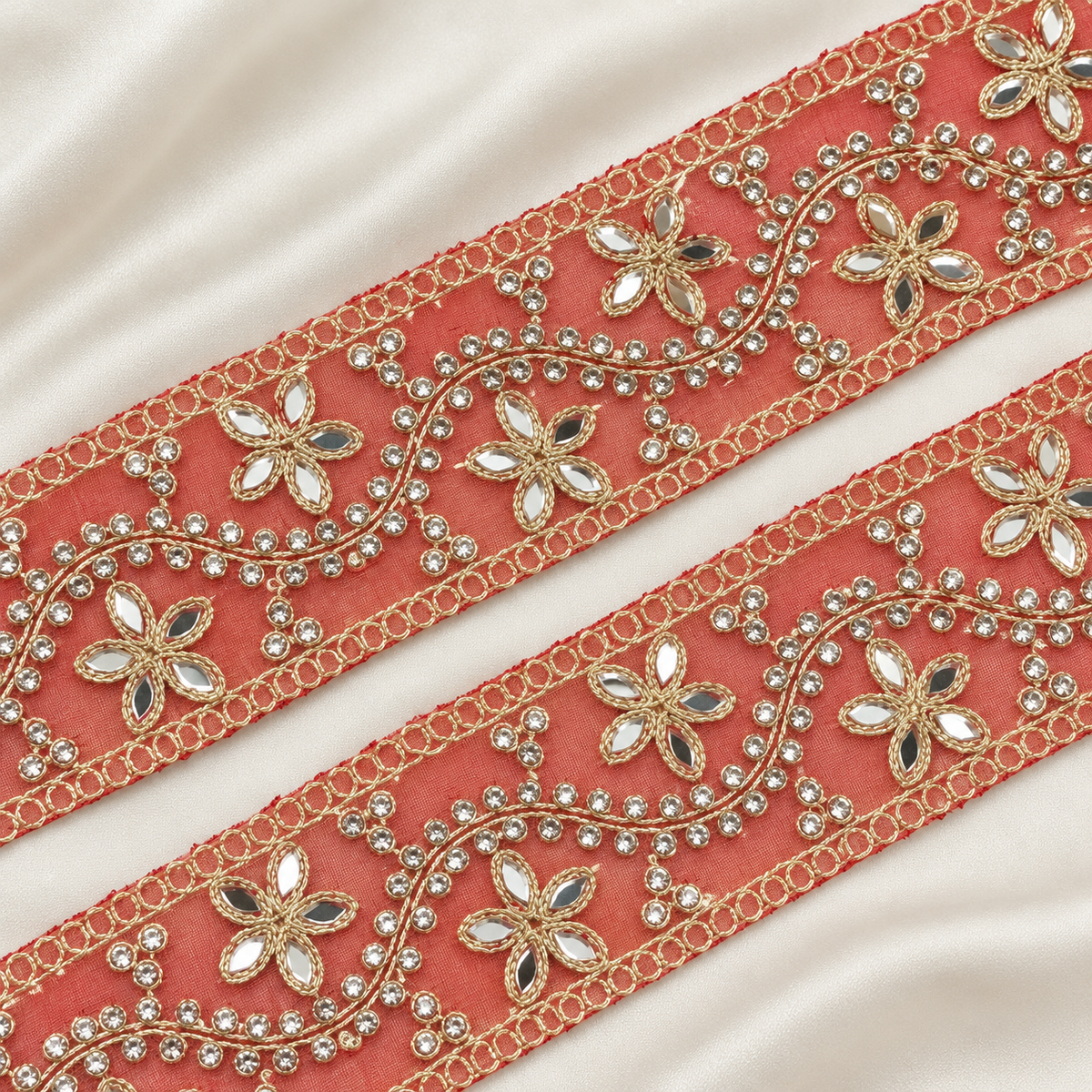 Floral Mirror and Rhinestone Vine Embroidered Lace