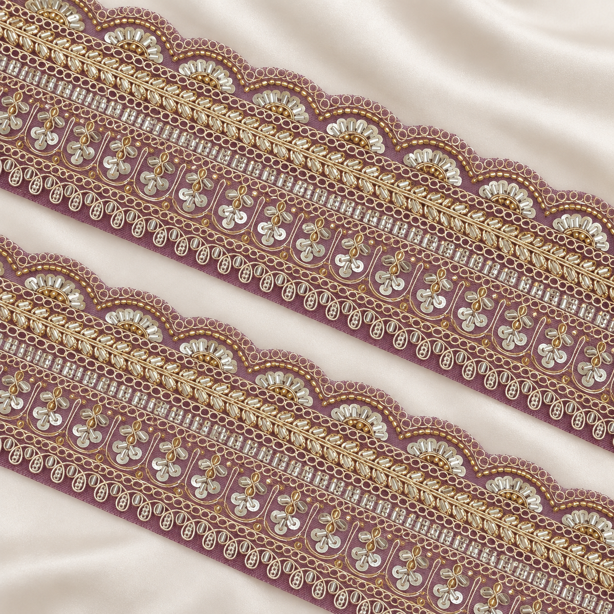 Scalloped Floral Bugle Bead and Sequin Embroidered Wide Lace Border