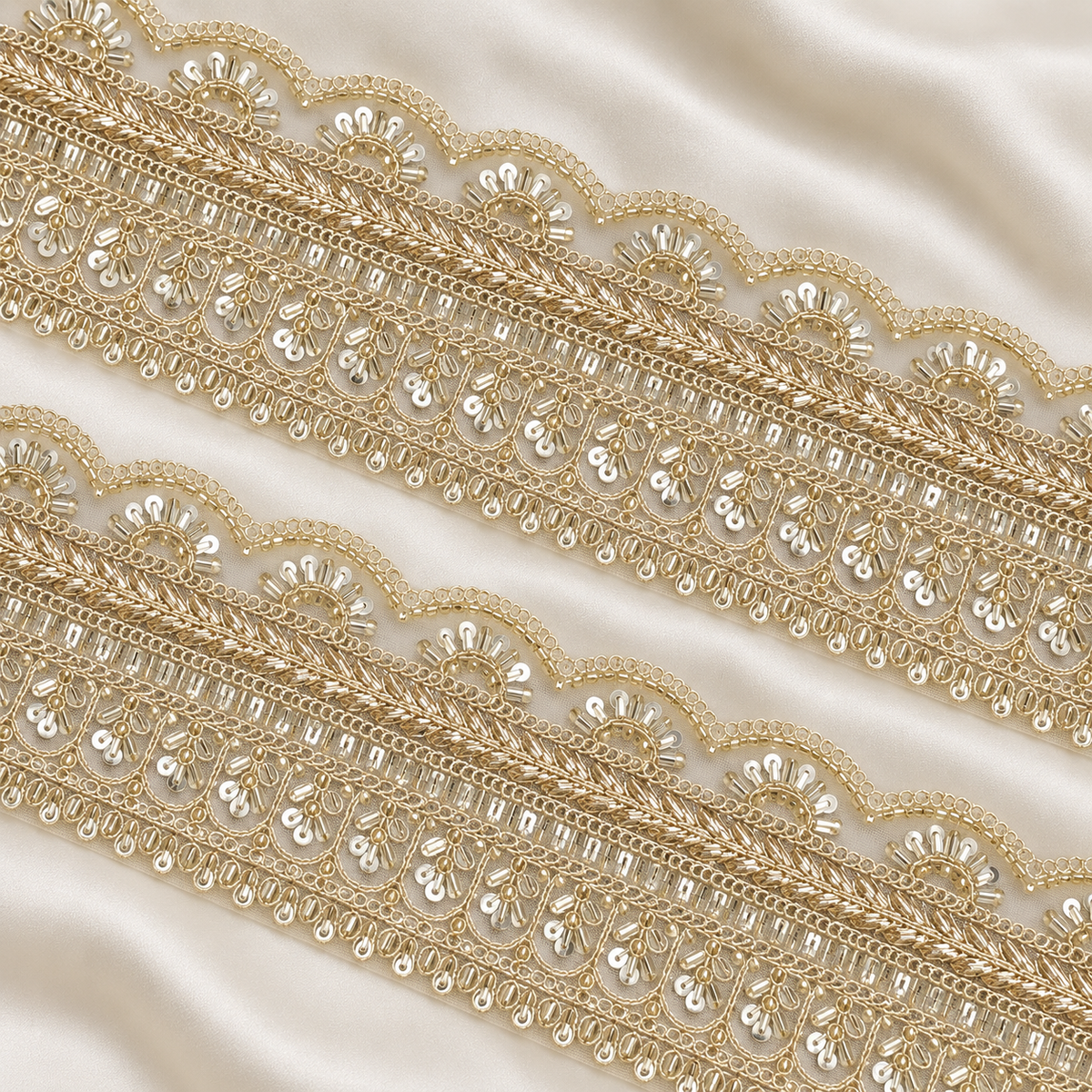 Scalloped Floral Bugle Bead and Sequin Embroidered Wide Lace Border