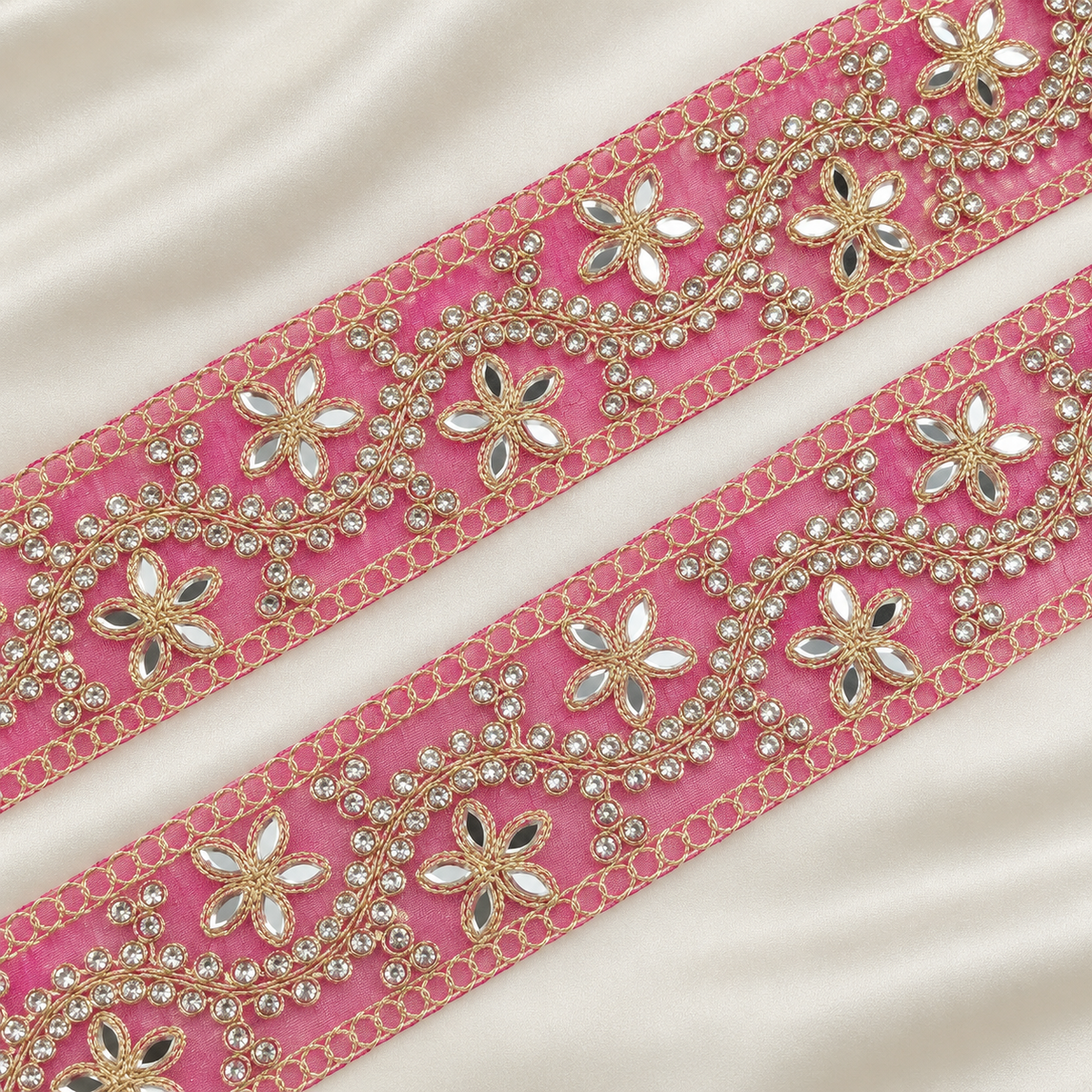 Floral Mirror and Rhinestone Vine Embroidered Lace