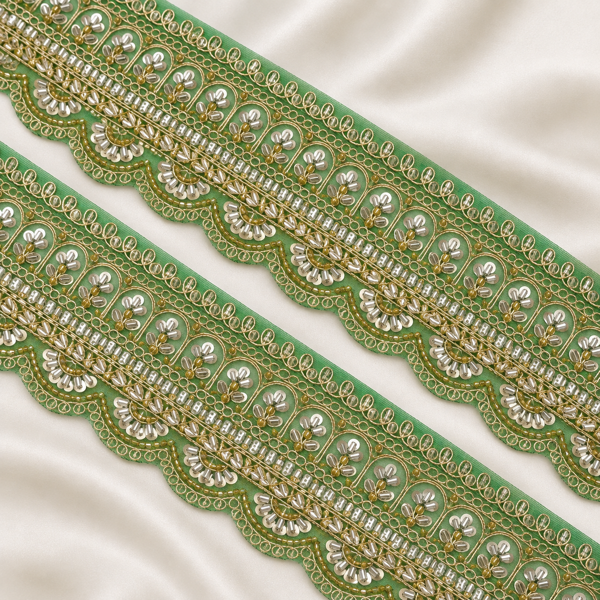 Scalloped Floral Bugle Bead and Sequin Embroidered Wide Lace Border