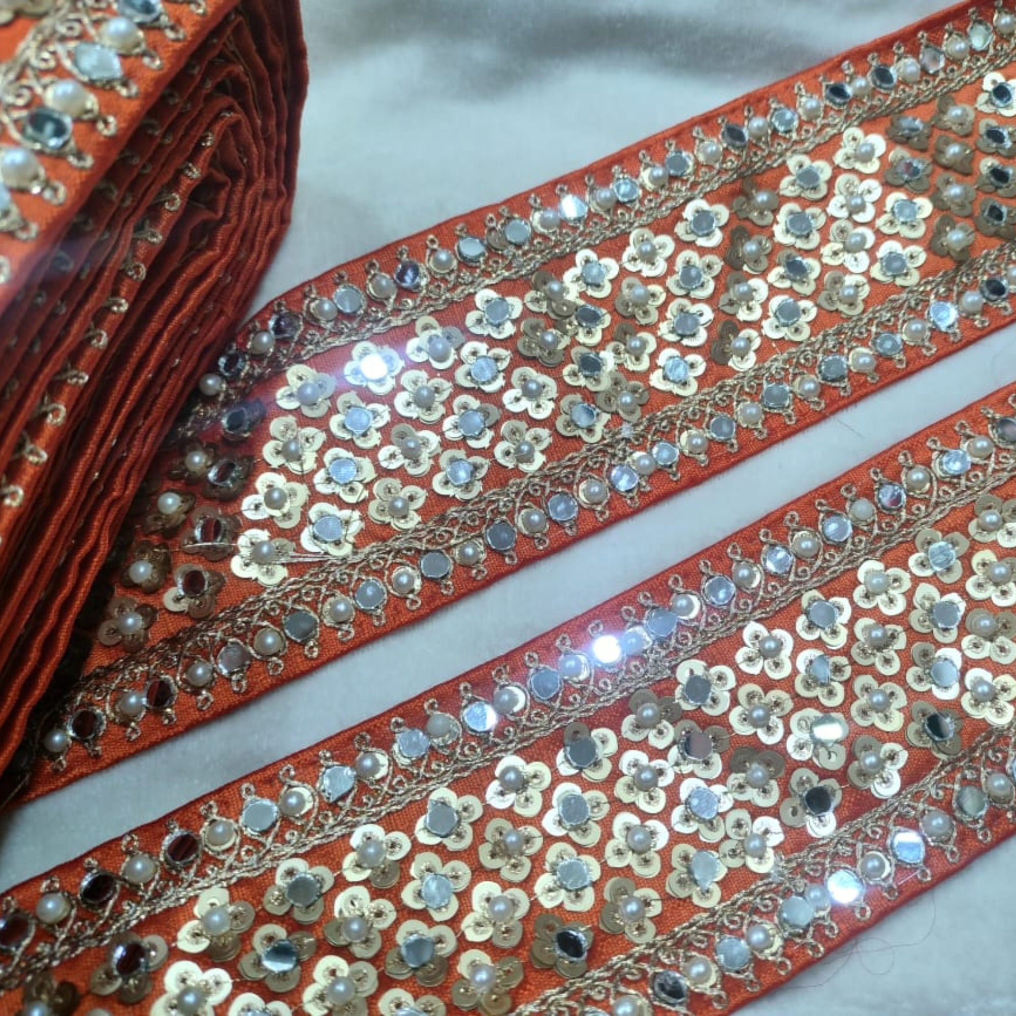Pearl, Sequin & Mirror Work Embroidered Lace Trim Border