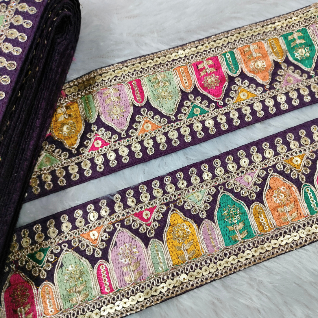 Multicolor Embroidered Sequin Lace Trim Border for Ethnic and Festive Wear