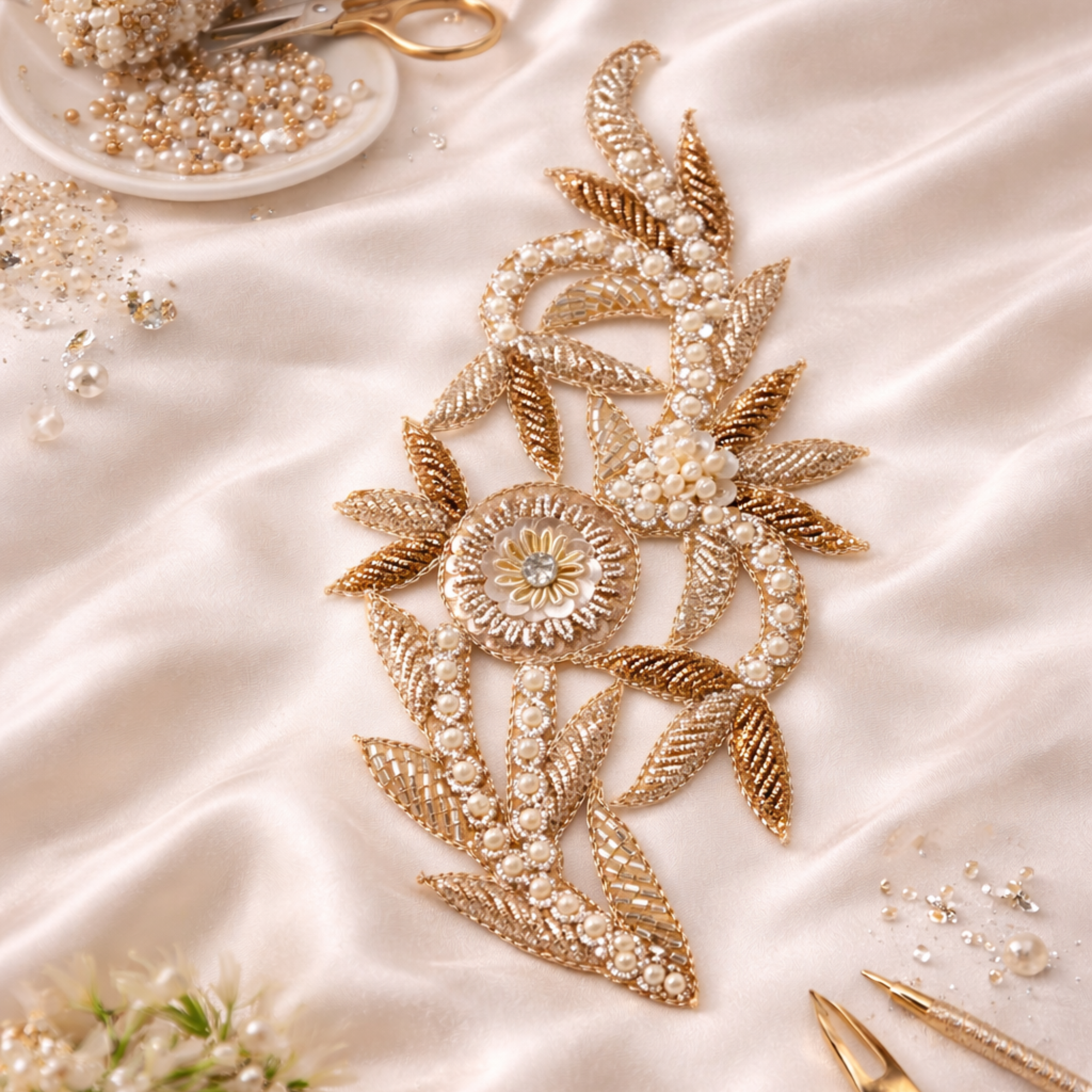 Luxury Gold & Pearl Floral Beaded Patch