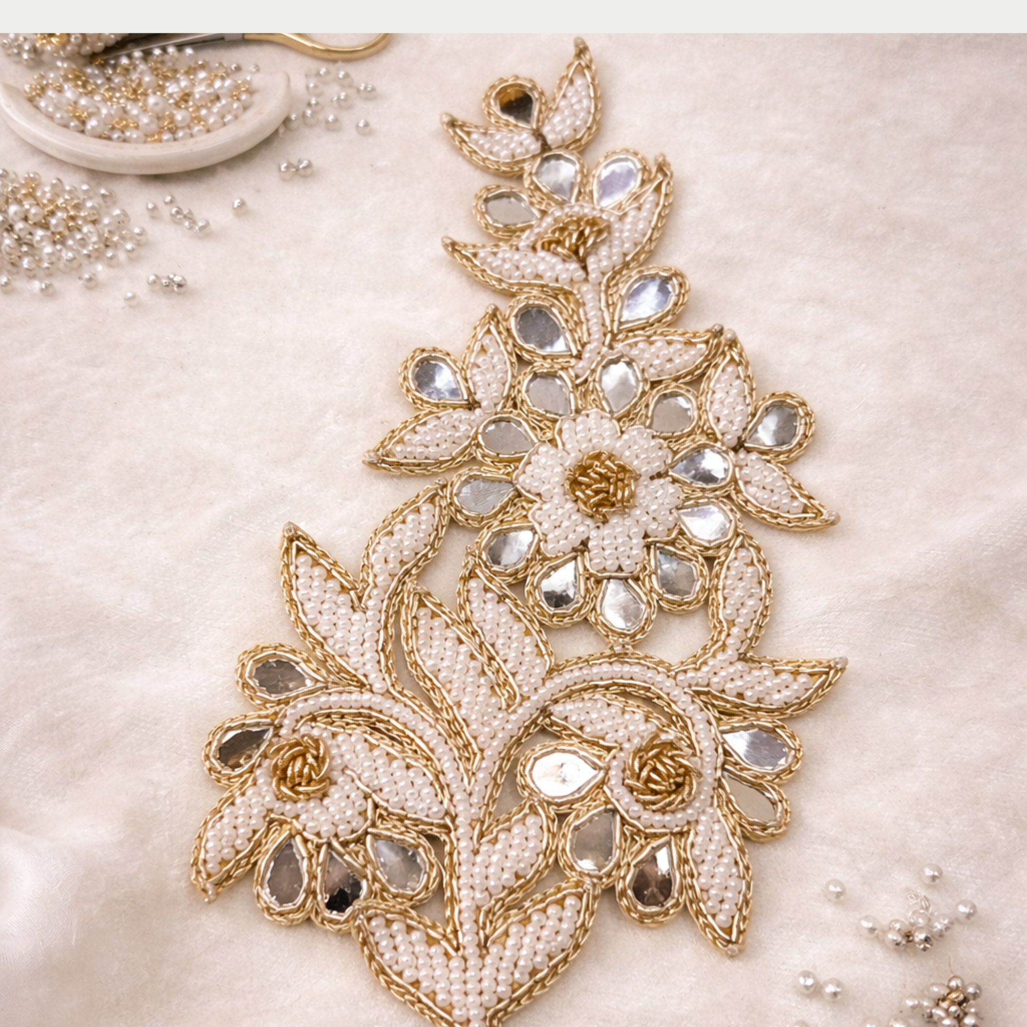 White & Gold Handcrafted Kundan-Style Beaded Patch